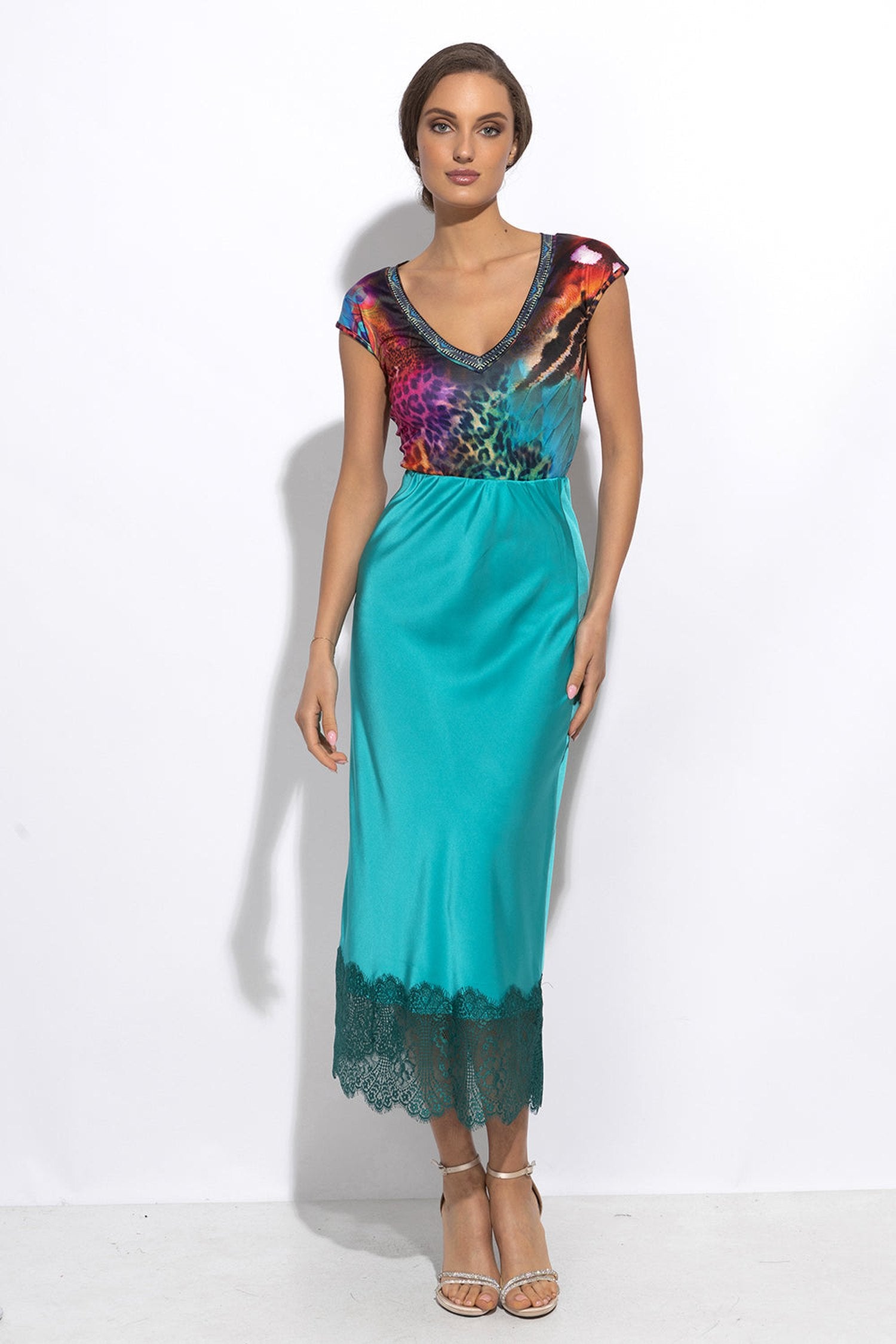FLARED SKIRT WITH LACE TRIM IN TURQUOISE - ESSENTIALS