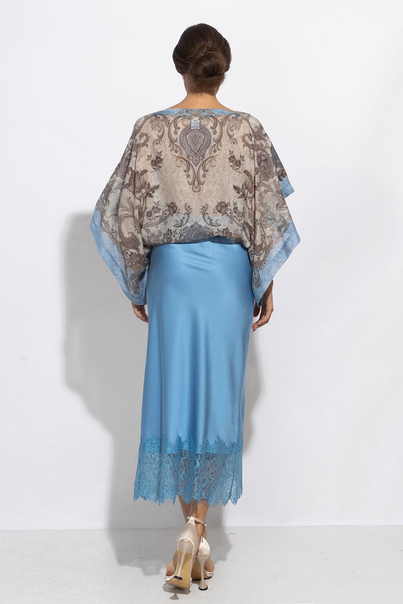 FLARED SKIRT WITH LACE TRIM IN SKY BLUE - ESSENTIALS