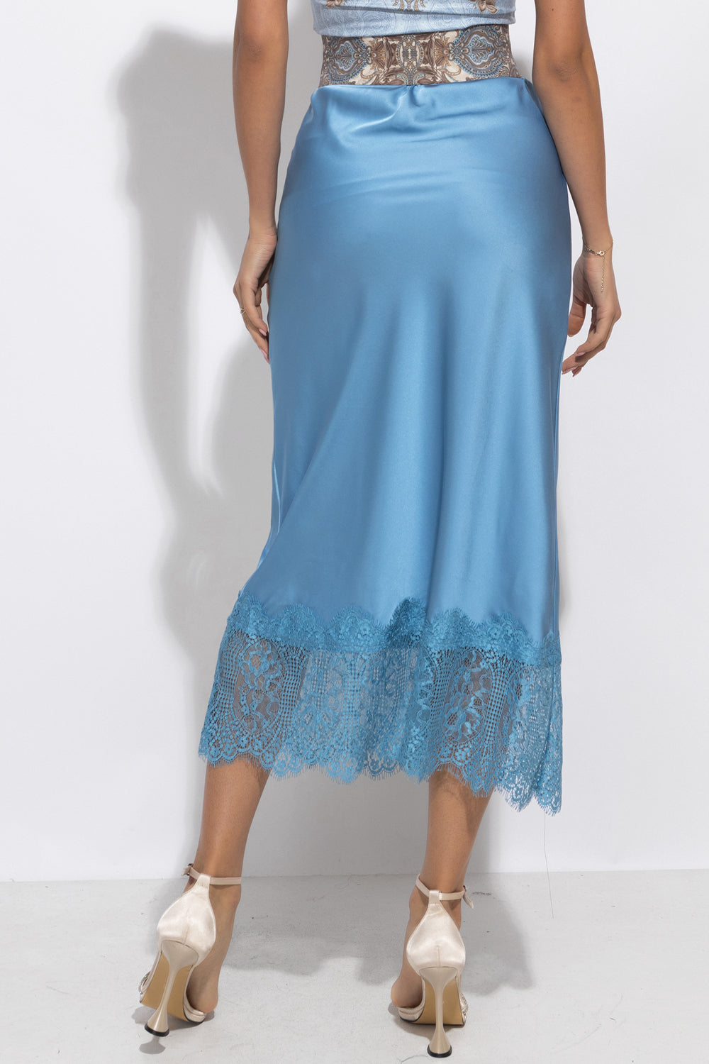 FLARED SKIRT WITH LACE TRIM IN SKY BLUE - ESSENTIALS