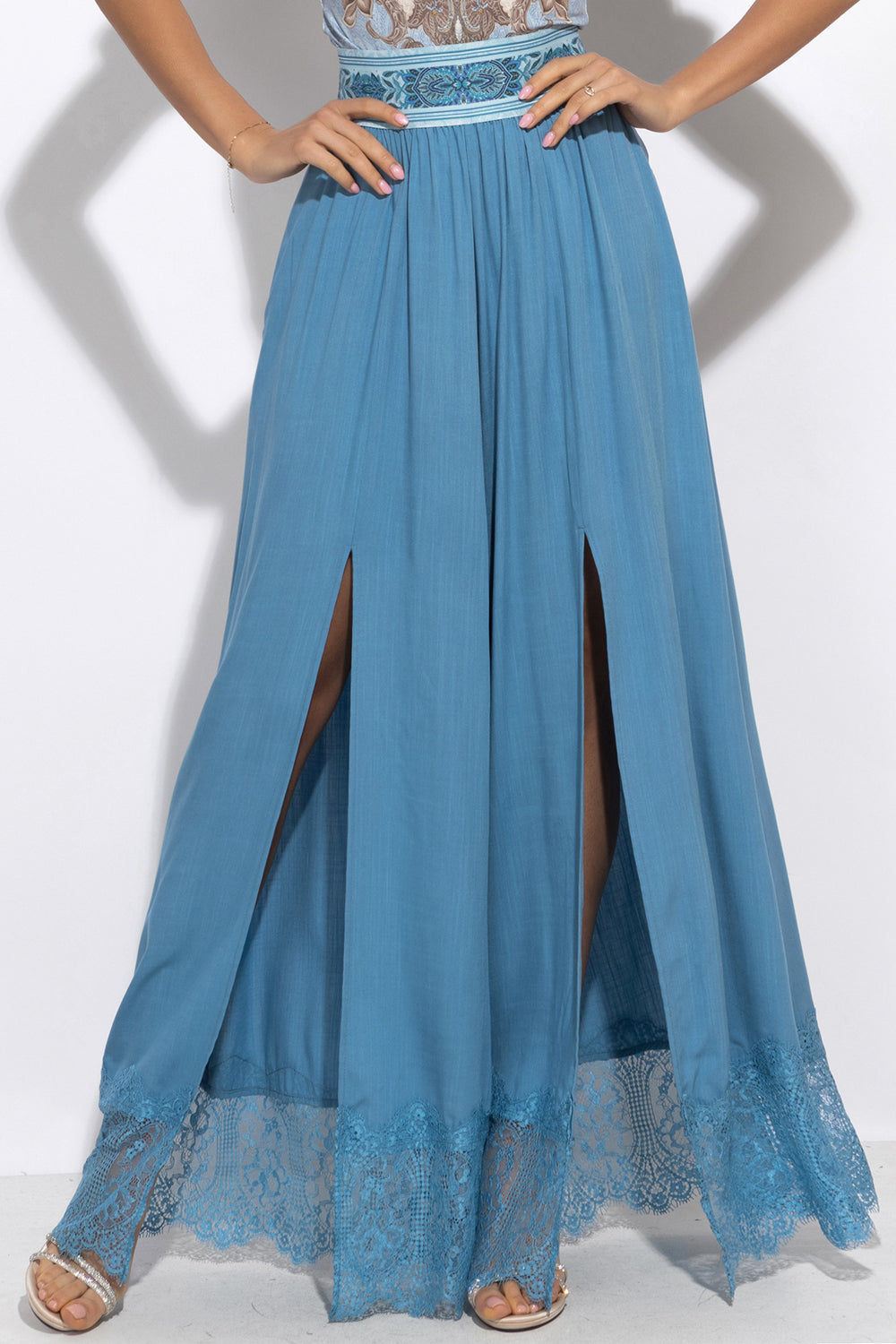 SKY BLUE VISCOSE PANTS WITH SLITS AND LACE TRIM - ESSENTIALS