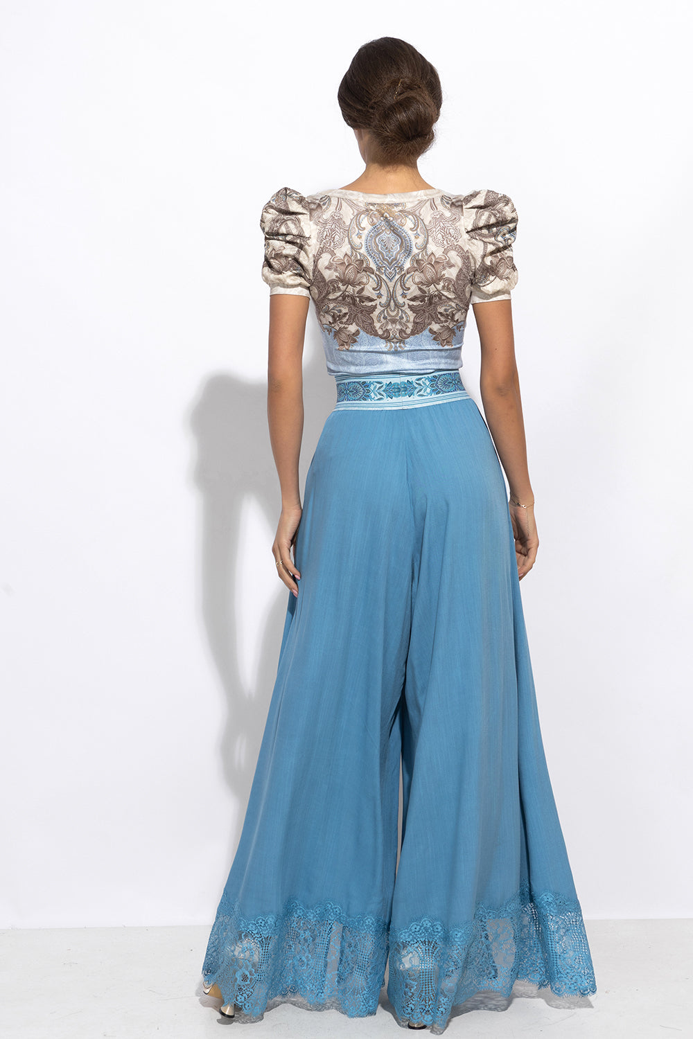 SKY BLUE VISCOSE PANTS WITH SLITS AND LACE TRIM - ESSENTIALS