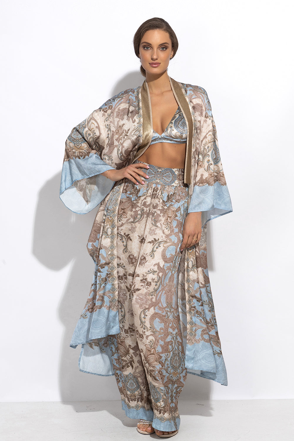 LUXURY SATIN VISCOSE KIMONO - PAISLEY SKY