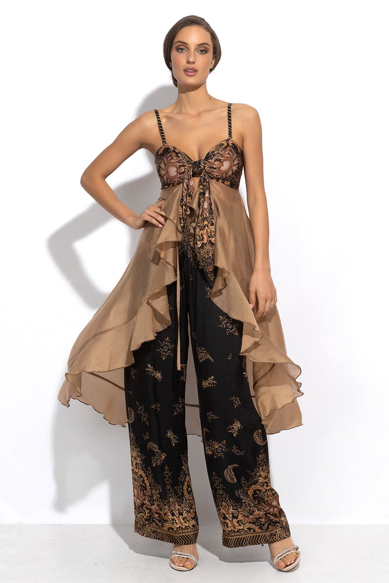 Lyocell a viskózová dlhá tunika s volánmi - zlaté pruhy