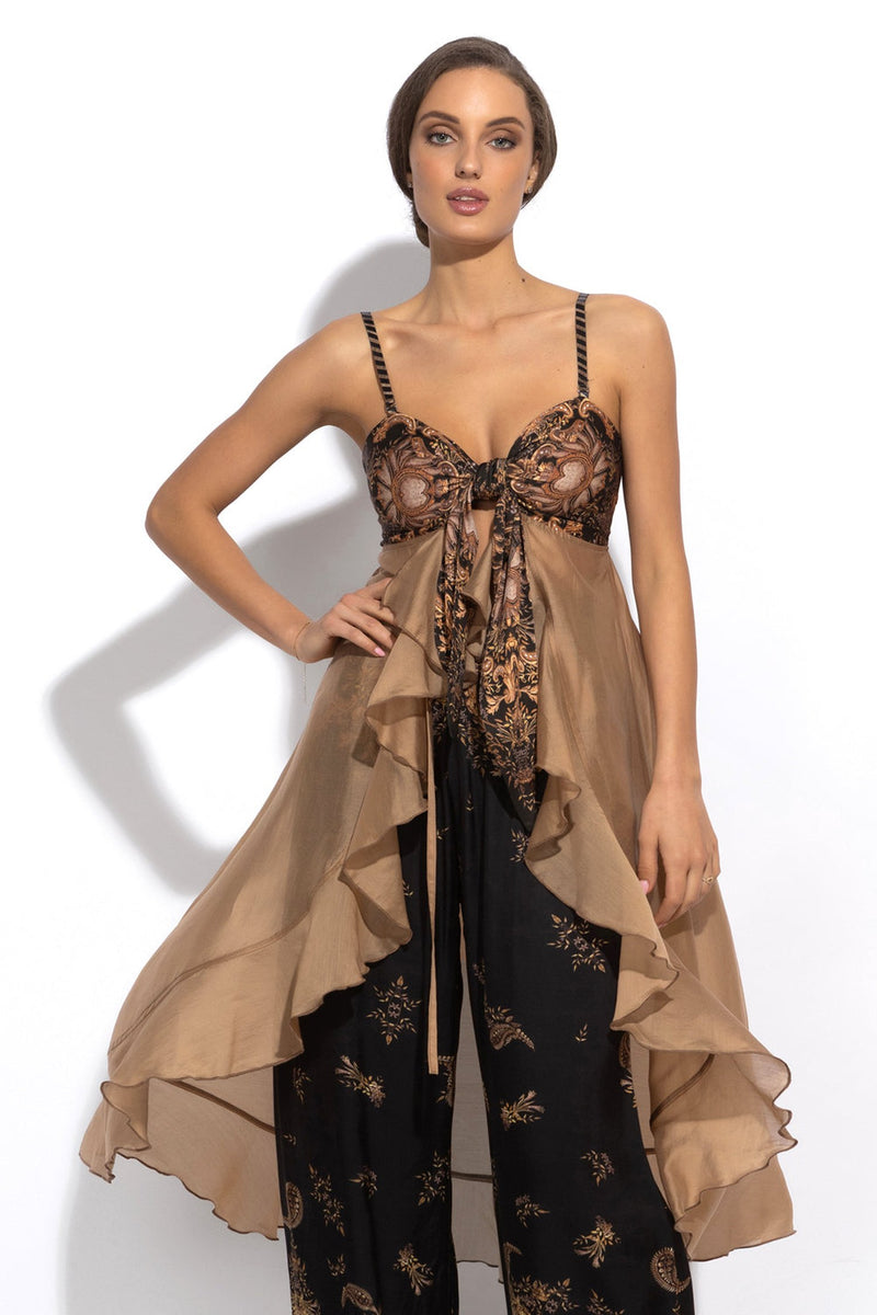 Lyocell a viskózová dlhá tunika s volánmi - zlaté pruhy