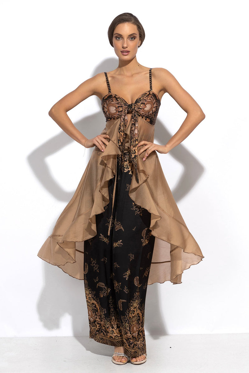 Lyocell a viskózová dlhá tunika s volánmi - zlaté pruhy