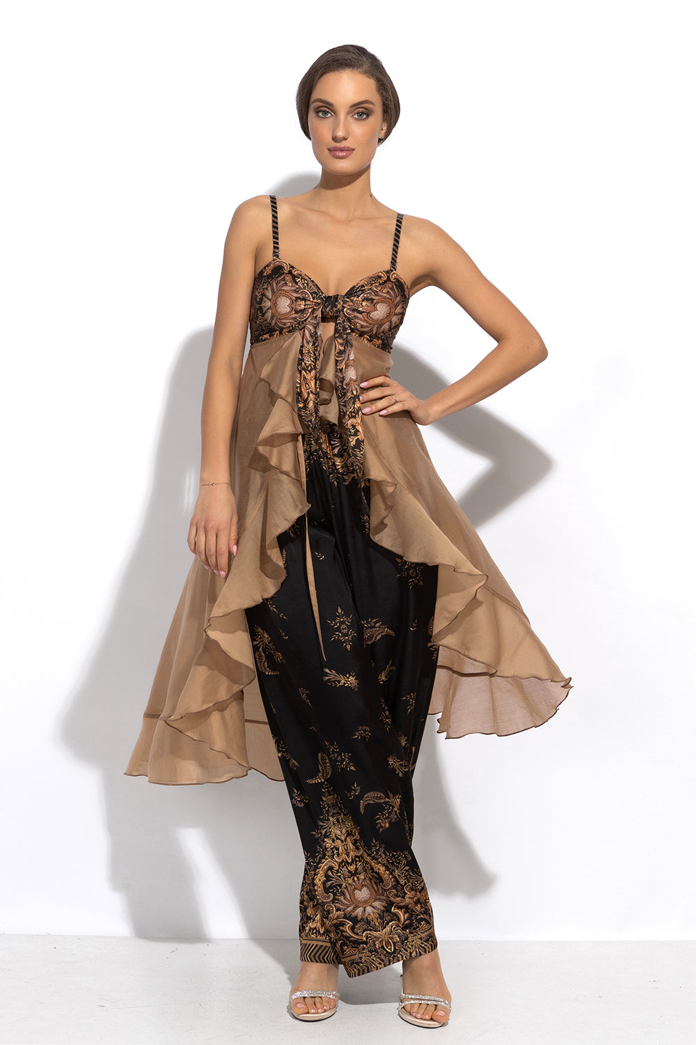 LYOCELl AND VISCOSE LONG RUFFLED TUNIC - GOLDEN STRIPES