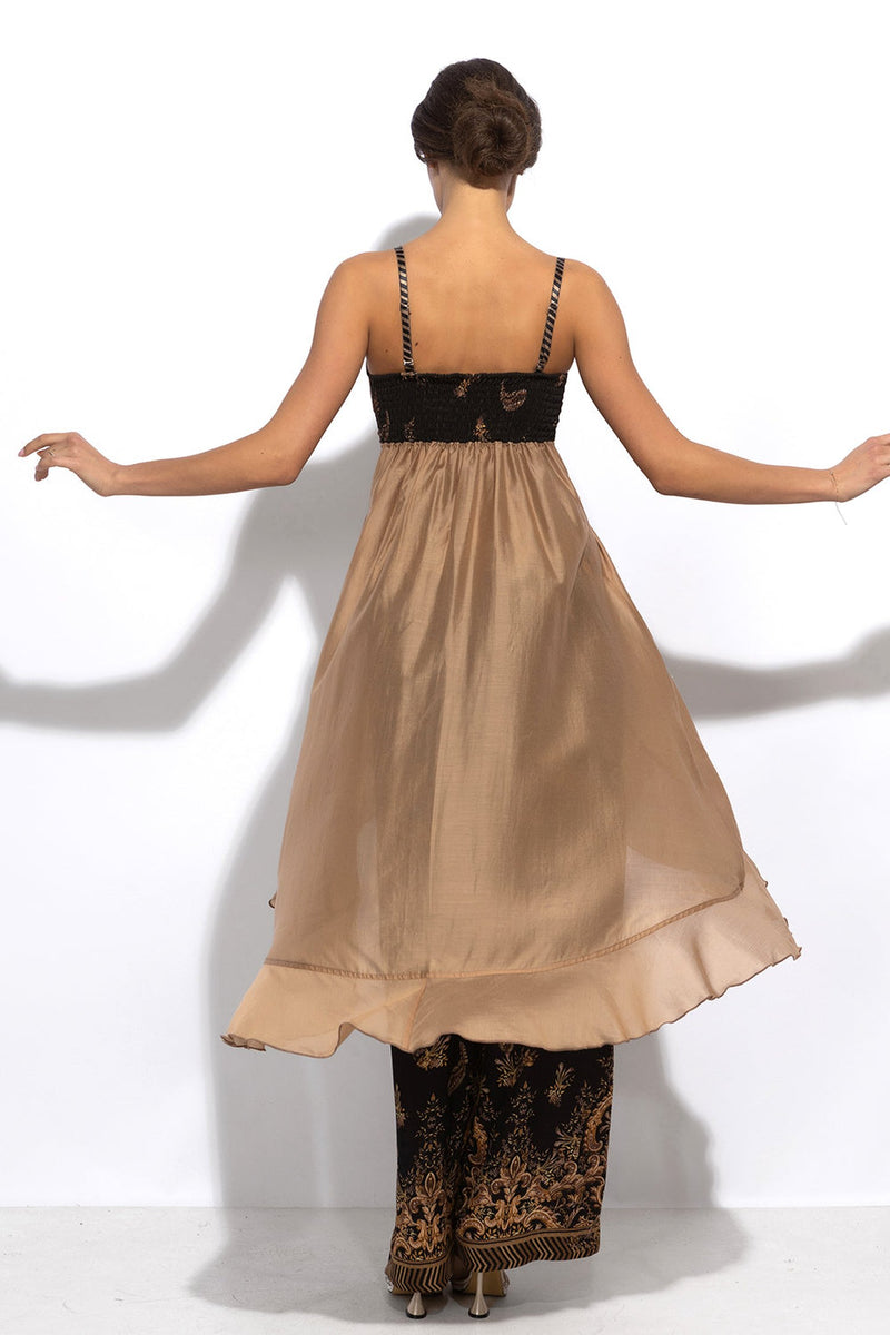 Lyocell a viskózová dlhá tunika s volánmi - zlaté pruhy