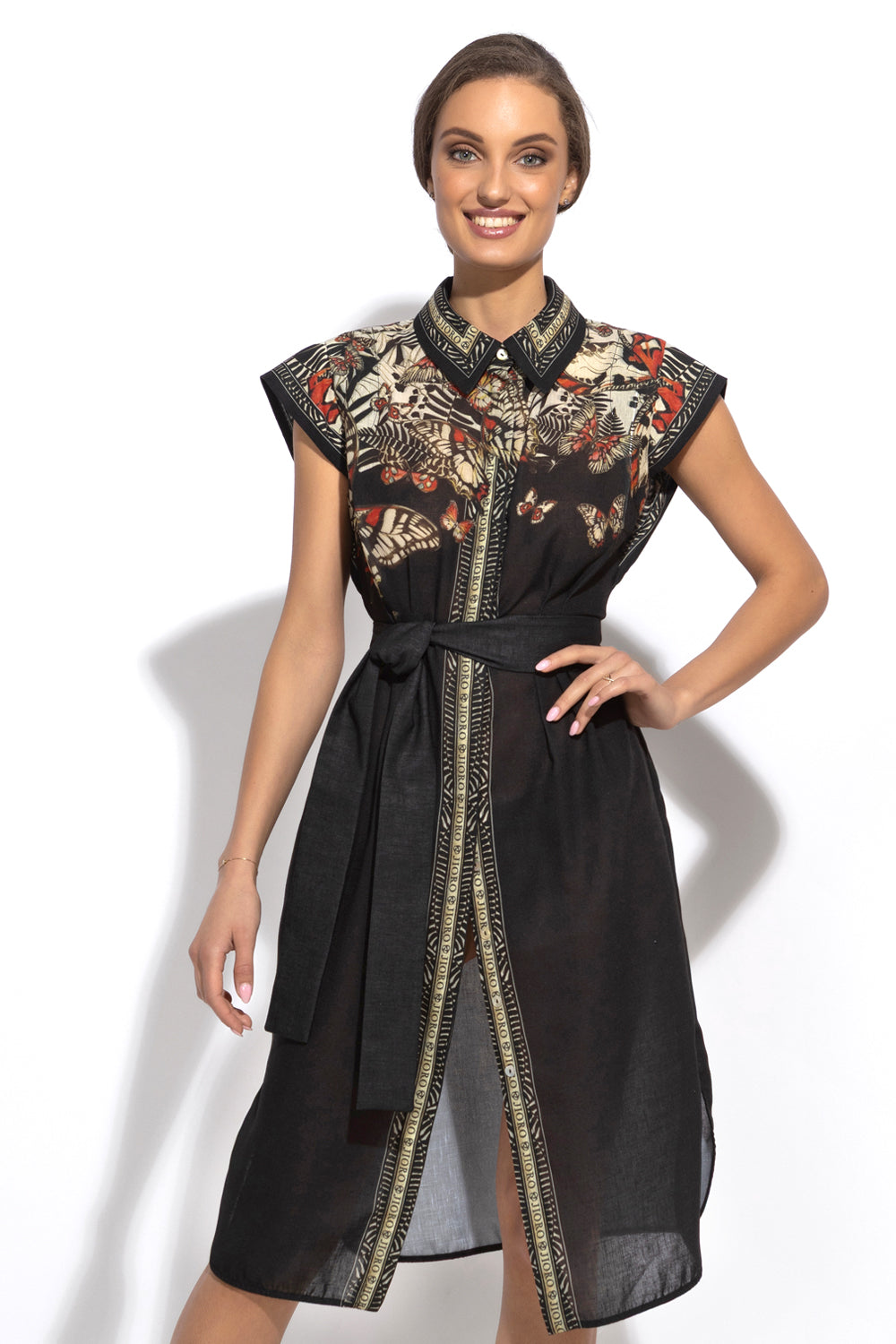 POPLIN SHIRT DRESS WITH OVAL HEM AND DRAPED WAIST - MIDNIGHT BUTTERFLIES JIORO РОКЛЯ ТИП РИЗА ОТ ПОПЛИН С ОВАЛЕН ПОДГЪВ И ДРАПИРАНА ТАЛИЯ - MIDNIGHT BUTTERFLIES JIORO