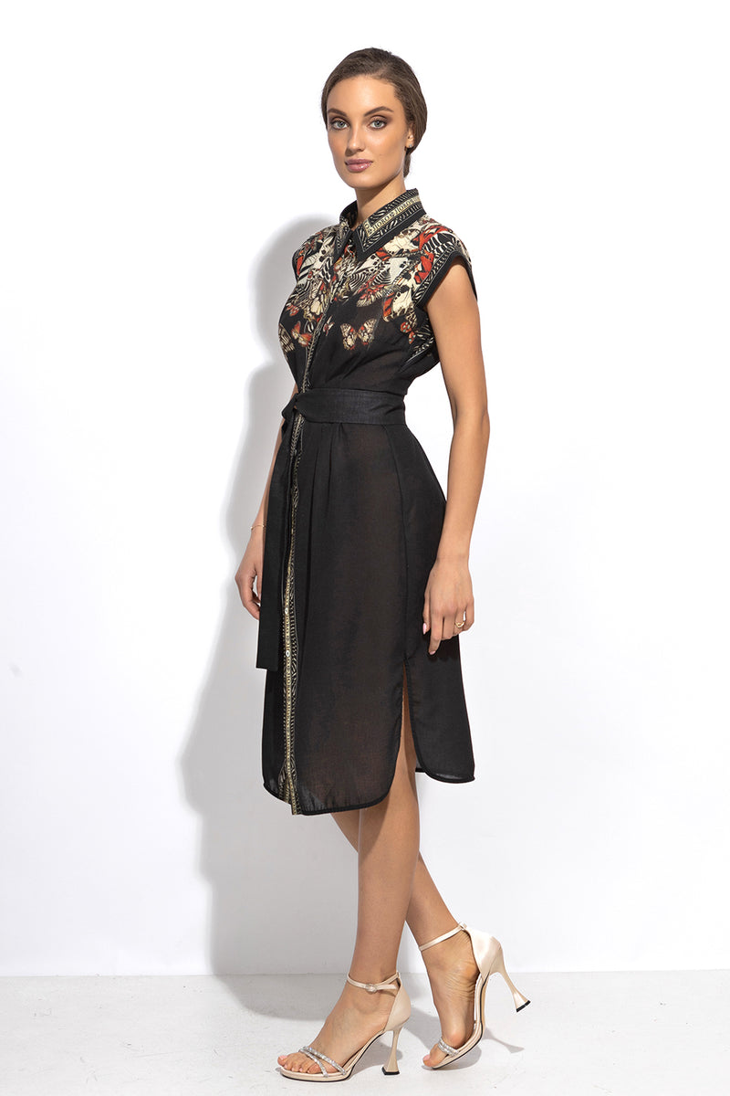 POPLIN SHIRT DRESS WITH OVAL HEM AND DRAPED WAIST - MIDNIGHT BUTTERFLIES JIORO РОКЛЯ ТИП РИЗА ОТ ПОПЛИН С ОВАЛЕН ПОДГЪВ И ДРАПИРАНА ТАЛИЯ - MIDNIGHT BUTTERFLIES JIORO