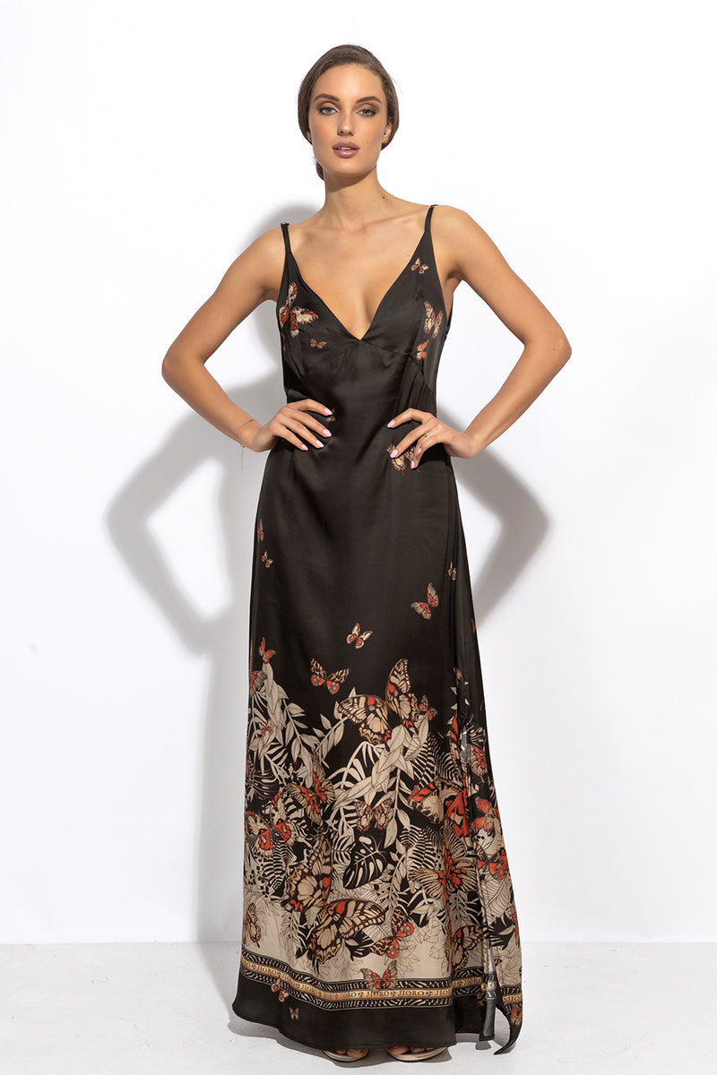 VISCOSE SLIP DRESS WITH OPEN BACK AND THIN STRAPS - MIDNIGHT BUTTERFLIES