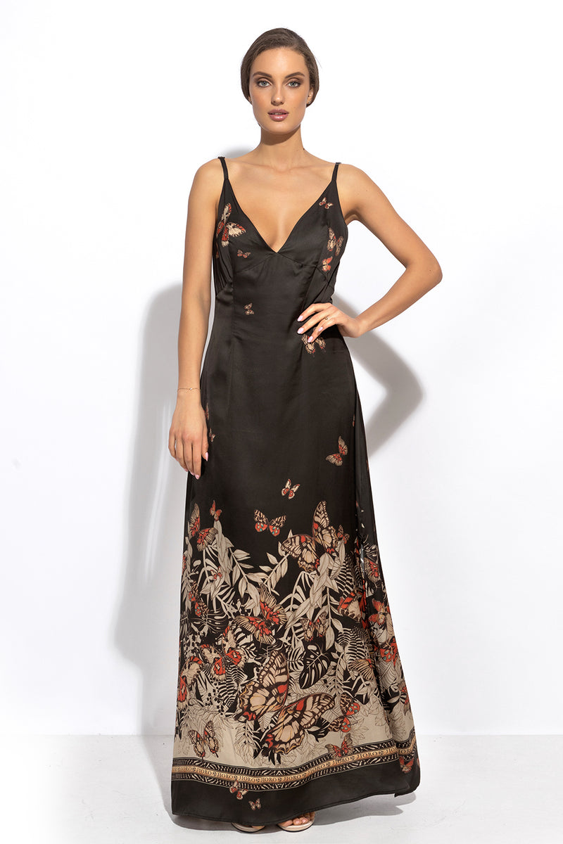 VISCOSE SLIP DRESS WITH OPEN BACK AND THIN STRAPS - MIDNIGHT BUTTERFLIES