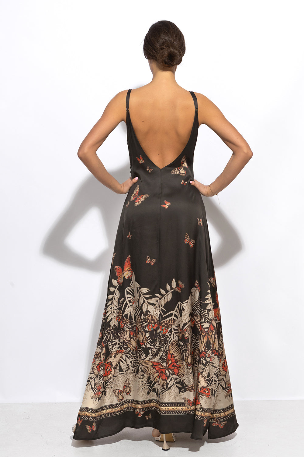 VISCOSE SLIP DRESS WITH OPEN BACK AND THIN STRAPS - MIDNIGHT BUTTERFLIES