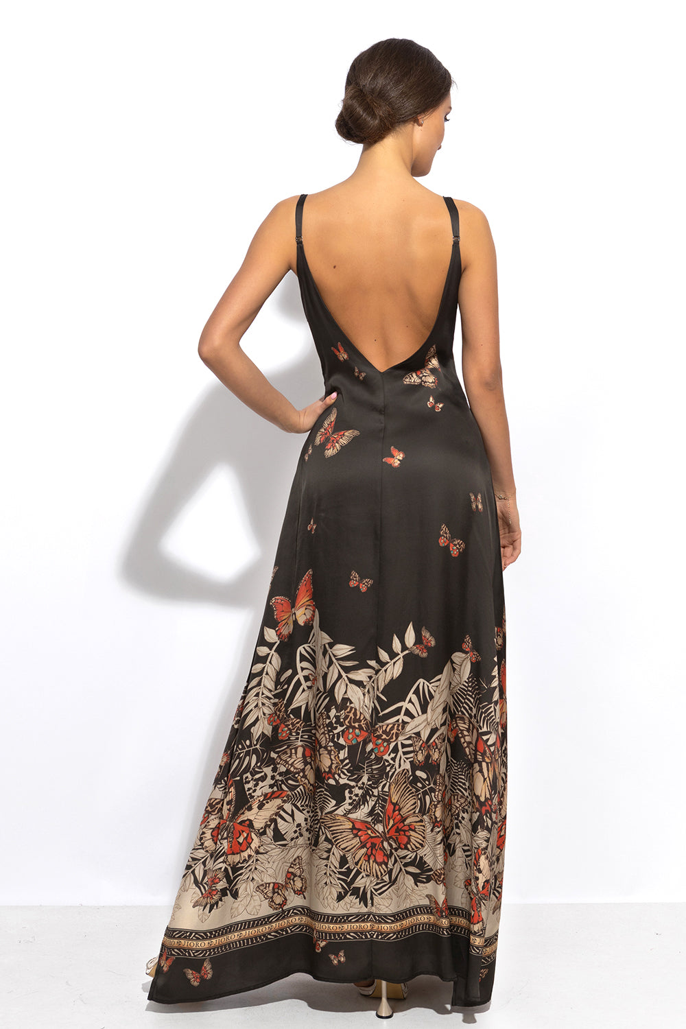 VISCOSE SLIP DRESS WITH OPEN BACK AND THIN STRAPS - MIDNIGHT BUTTERFLIES