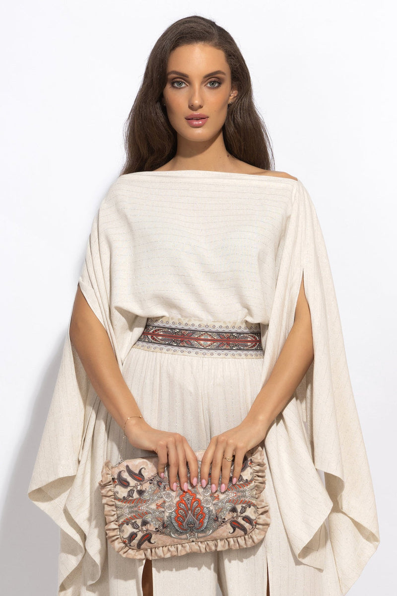 RELAXED VISCOSE-LINEN TUNIC WITH SIDE SLITS IN ECRU STRIPED - ESSENTIALS JIORO СВОБОДНА ТУНИКА В ЕКРЮ РАЙЕ ОТ ВИСКОЗА И ЛЕН СЪС СТРАНИЧНИ ЦЕПКИ - ESSENTIALS JIORO