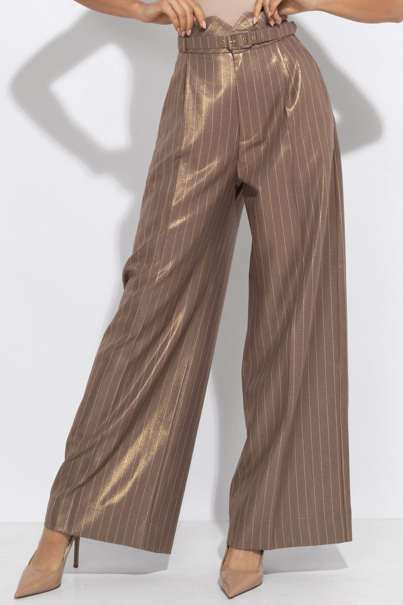 STRIPED PANTS WITH HIGH WAIST AND WIDE LEG IN BEIGE - ESSENTIALS