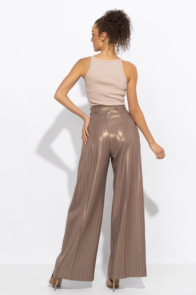 STRIPED PANTS WITH HIGH WAIST AND WIDE LEG IN BEIGE - ESSENTIALS