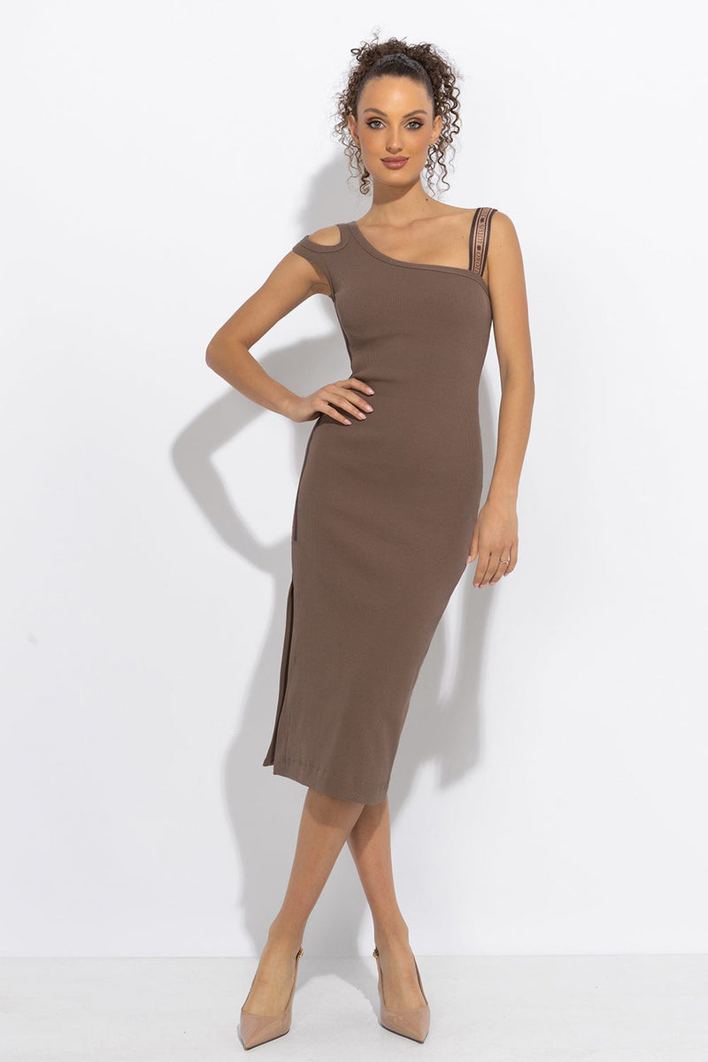 COTTON MIDI DRESS WITH ASYMMETRICAL SHOULDERS AND STRAP MOCHA MOUSSE LOGO - ESSENTIALS