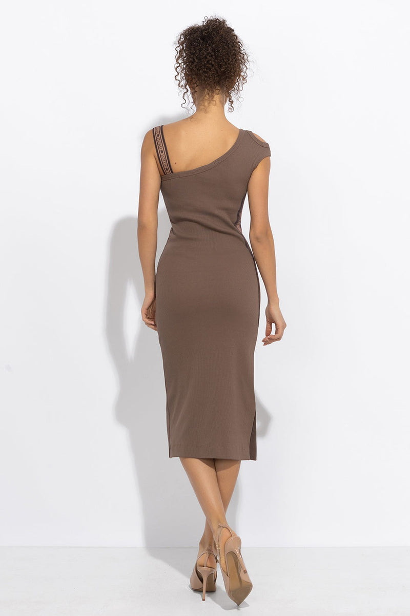 COTTON MIDI DRESS WITH ASYMMETRICAL SHOULDERS AND STRAP MOCHA MOUSSE LOGO - ESSENTIALS