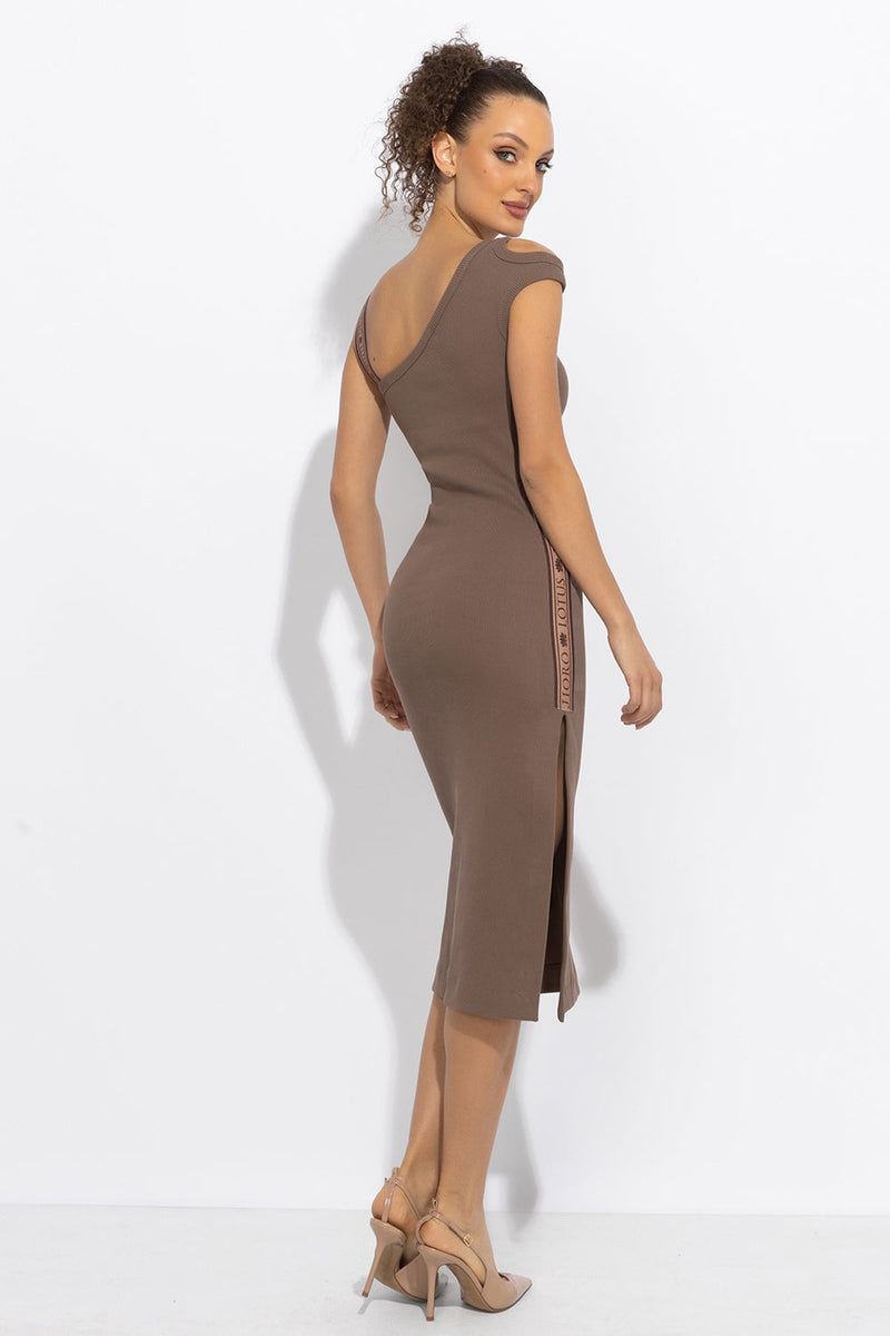 COTTON MIDI DRESS WITH ASYMMETRICAL SHOULDERS AND STRAP MOCHA MOUSSE LOGO - ESSENTIALS