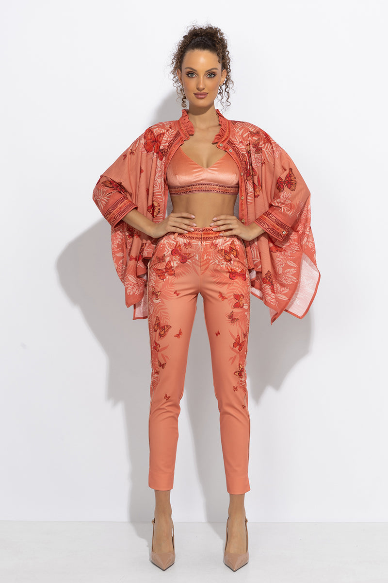 CLASSIC VISCOSE PANTS - PAPAYA BUTTERFLIES JIORO ПАНТАЛОН С КЛАСИЧЕСКА КРОЙКА - PAPAYA BUTTERFLIES JIORO