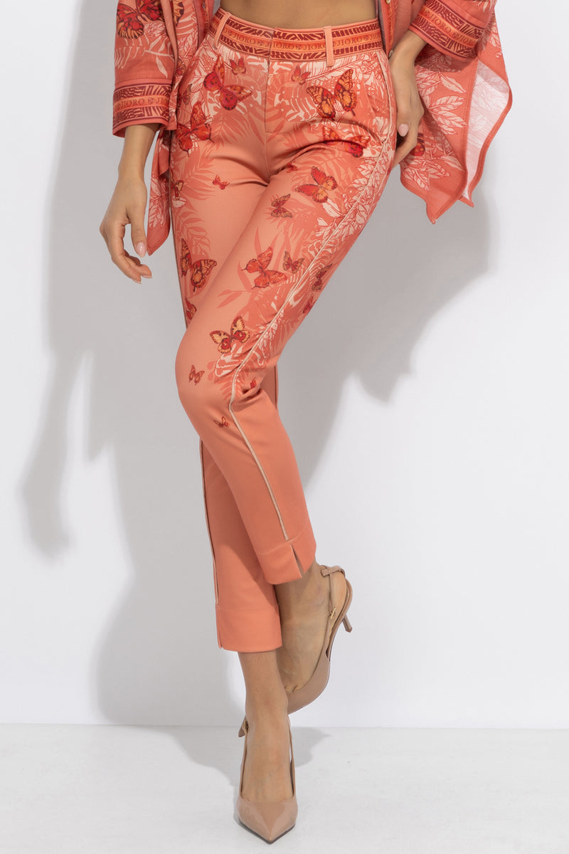 CLASSIC VISCOSE PANTS - PAPAYA BUTTERFLIES JIORO ПАНТАЛОН С КЛАСИЧЕСКА КРОЙКА - PAPAYA BUTTERFLIES JIORO