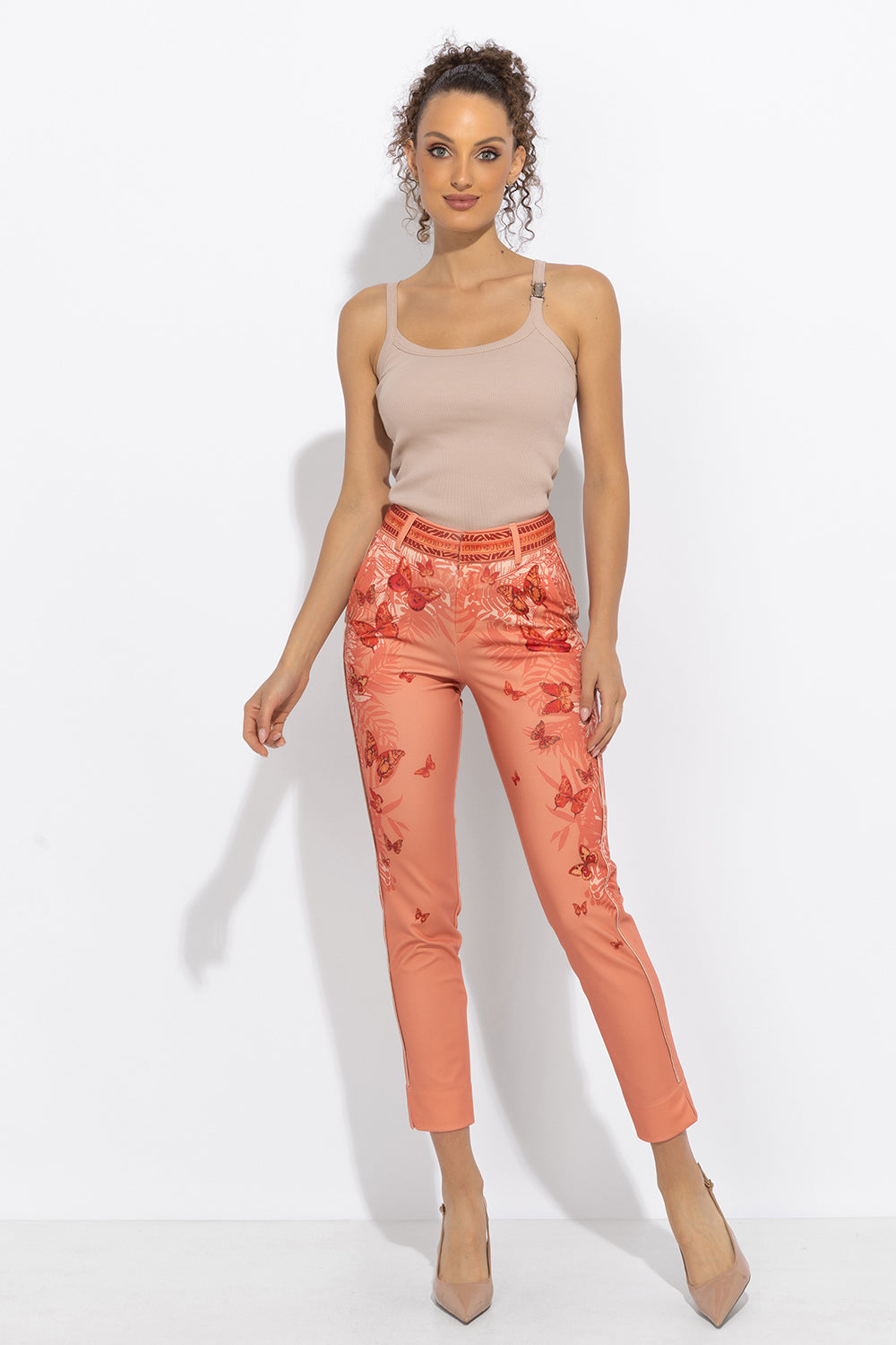 CLASSIC VISCOSE PANTS - PAPAYA BUTTERFLIES JIORO ПАНТАЛОН С КЛАСИЧЕСКА КРОЙКА - PAPAYA BUTTERFLIES JIORO