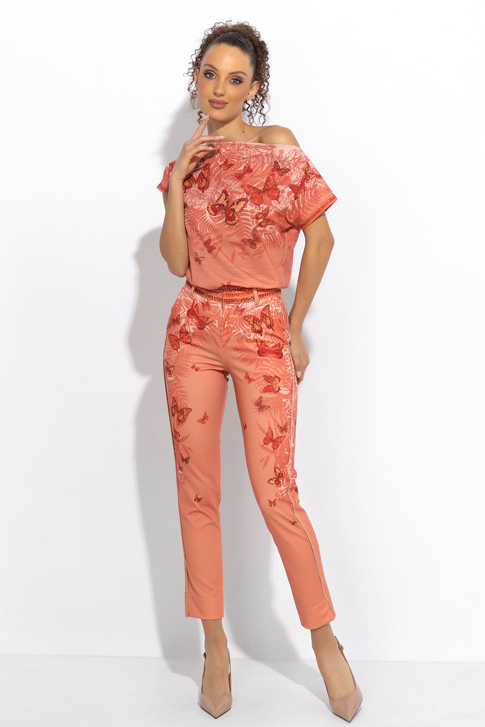 CLASSIC VISCOSE PANTS - PAPAYA BUTTERFLIES JIORO ПАНТАЛОН С КЛАСИЧЕСКА КРОЙКА - PAPAYA BUTTERFLIES JIORO