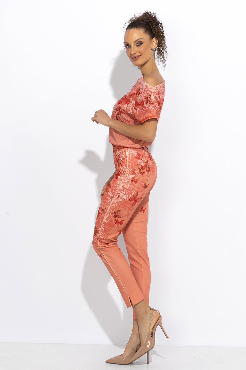 CLASSIC VISCOSE PANTS - PAPAYA BUTTERFLIES JIORO ПАНТАЛОН С КЛАСИЧЕСКА КРОЙКА - PAPAYA BUTTERFLIES JIORO