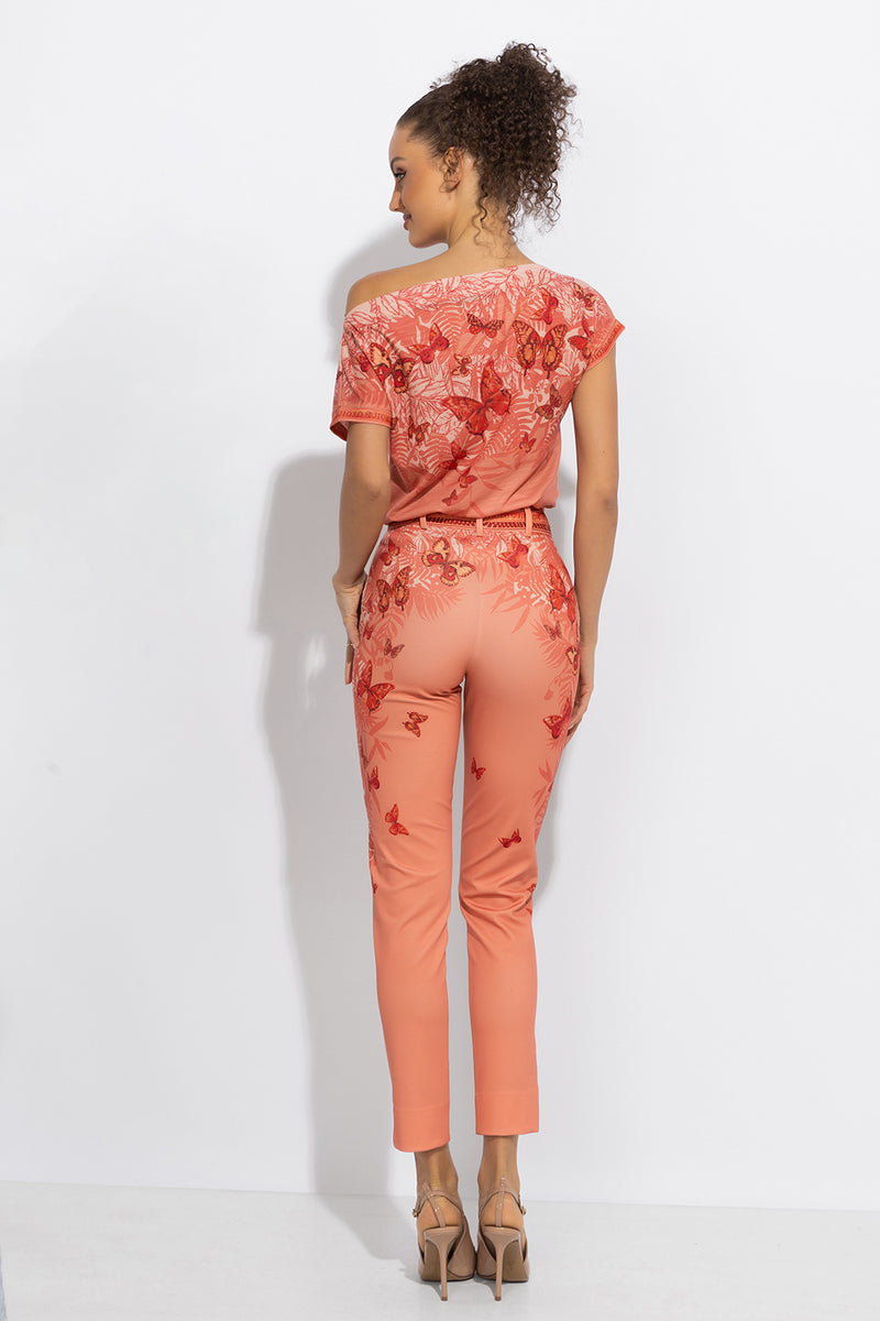 CLASSIC VISCOSE PANTS - PAPAYA BUTTERFLIES JIORO ПАНТАЛОН С КЛАСИЧЕСКА КРОЙКА - PAPAYA BUTTERFLIES JIORO