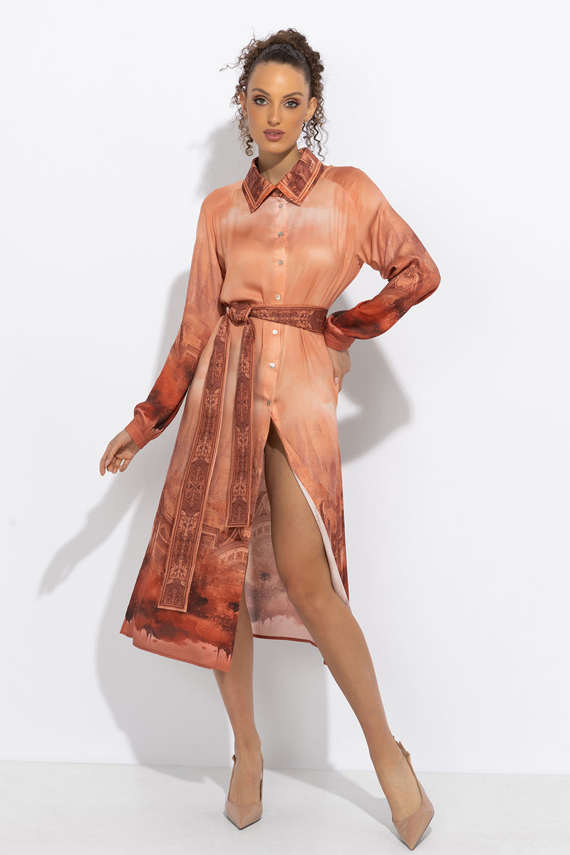 VISCOSE SHIRT DRESS WITH DETACHABLE BELT - ANCIENT TOWN