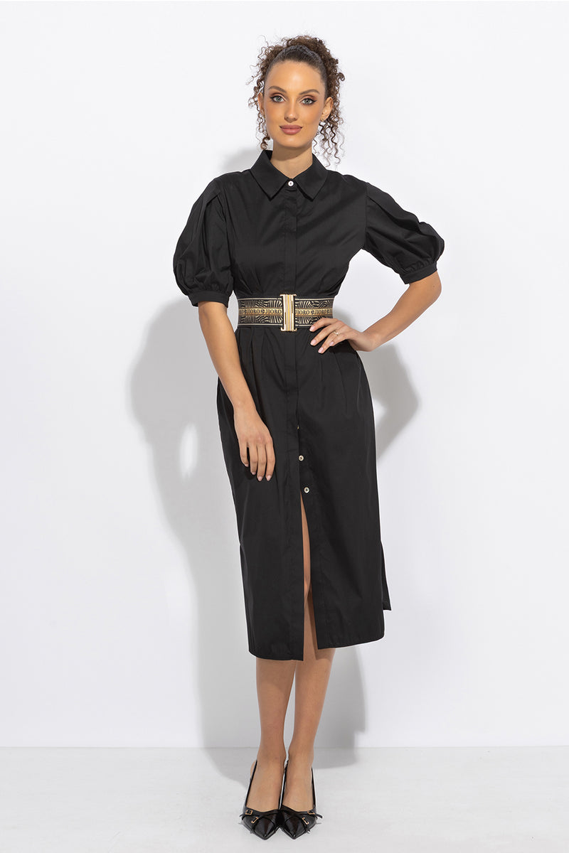 BLACK SHIRT COTTON POPLIN DRESS WITH OVAL HEM - ESSENTIALS JIORO ЧЕРНА РОКЛЯ ТИП РИЗА ОТ ПАМУЧЕН ПОПЛИН С ОВАЛЕН ПОДГЪВ - ESSENTIALS JIORO