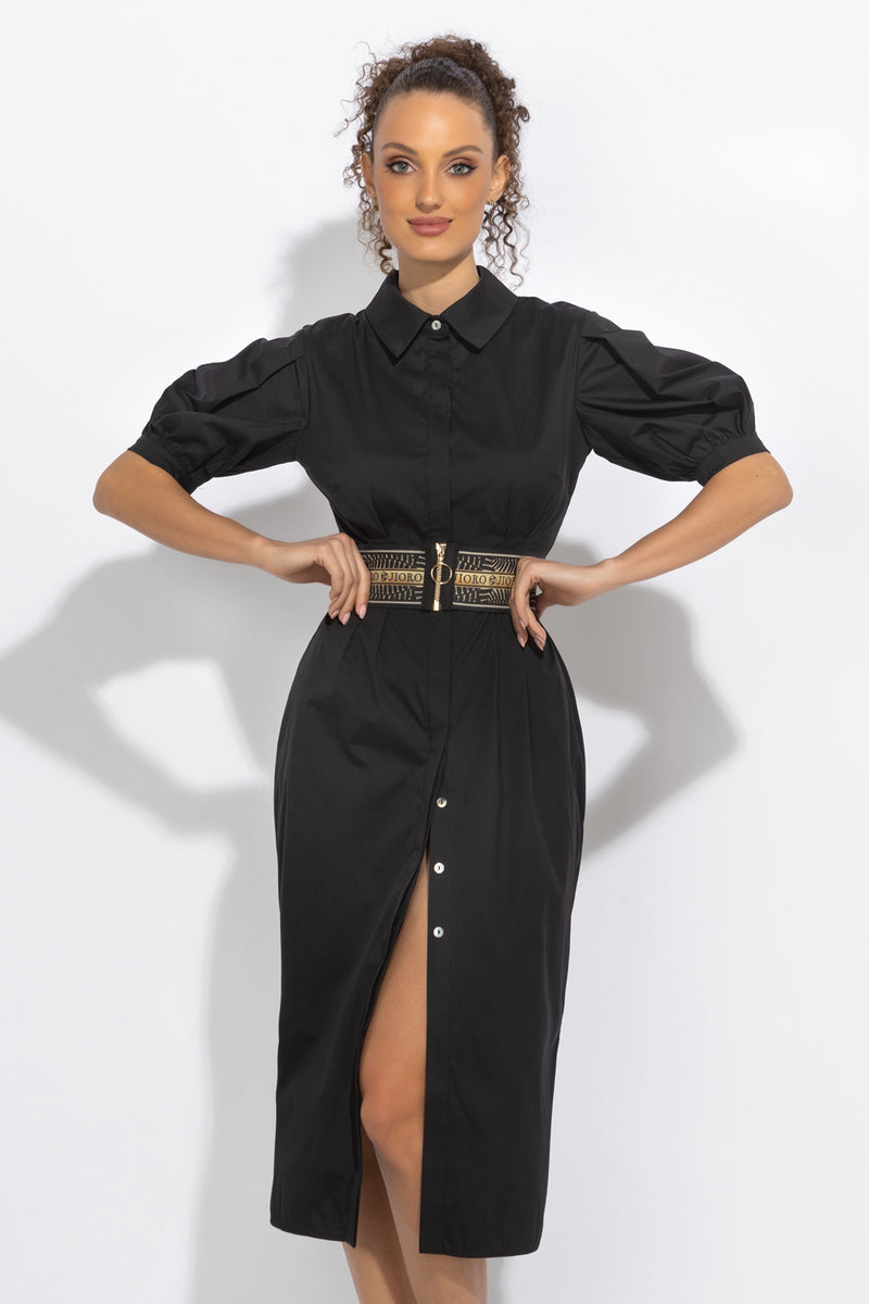 BLACK SHIRT COTTON POPLIN DRESS WITH OVAL HEM - ESSENTIALS JIORO ЧЕРНА РОКЛЯ ТИП РИЗА ОТ ПАМУЧЕН ПОПЛИН С ОВАЛЕН ПОДГЪВ - ESSENTIALS JIORO