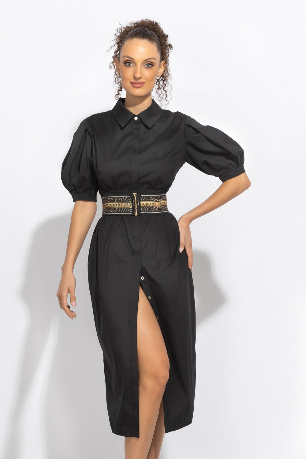 BLACK SHIRT COTTON POPLIN DRESS WITH OVAL HEM - ESSENTIALS JIORO ЧЕРНА РОКЛЯ ТИП РИЗА ОТ ПАМУЧЕН ПОПЛИН С ОВАЛЕН ПОДГЪВ - ESSENTIALS JIORO