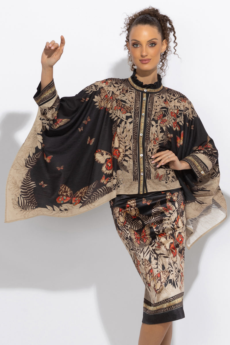 SQUARE TUNIC WITH RUFFLED COLLAR - MIDNIGHT BUTTERFLIES JIORO ПРАВОЪГЪЛНА ТУНИКА С ЯКА С НАБОРИ - MIDNIGHT BUTTERFLIES JIORO