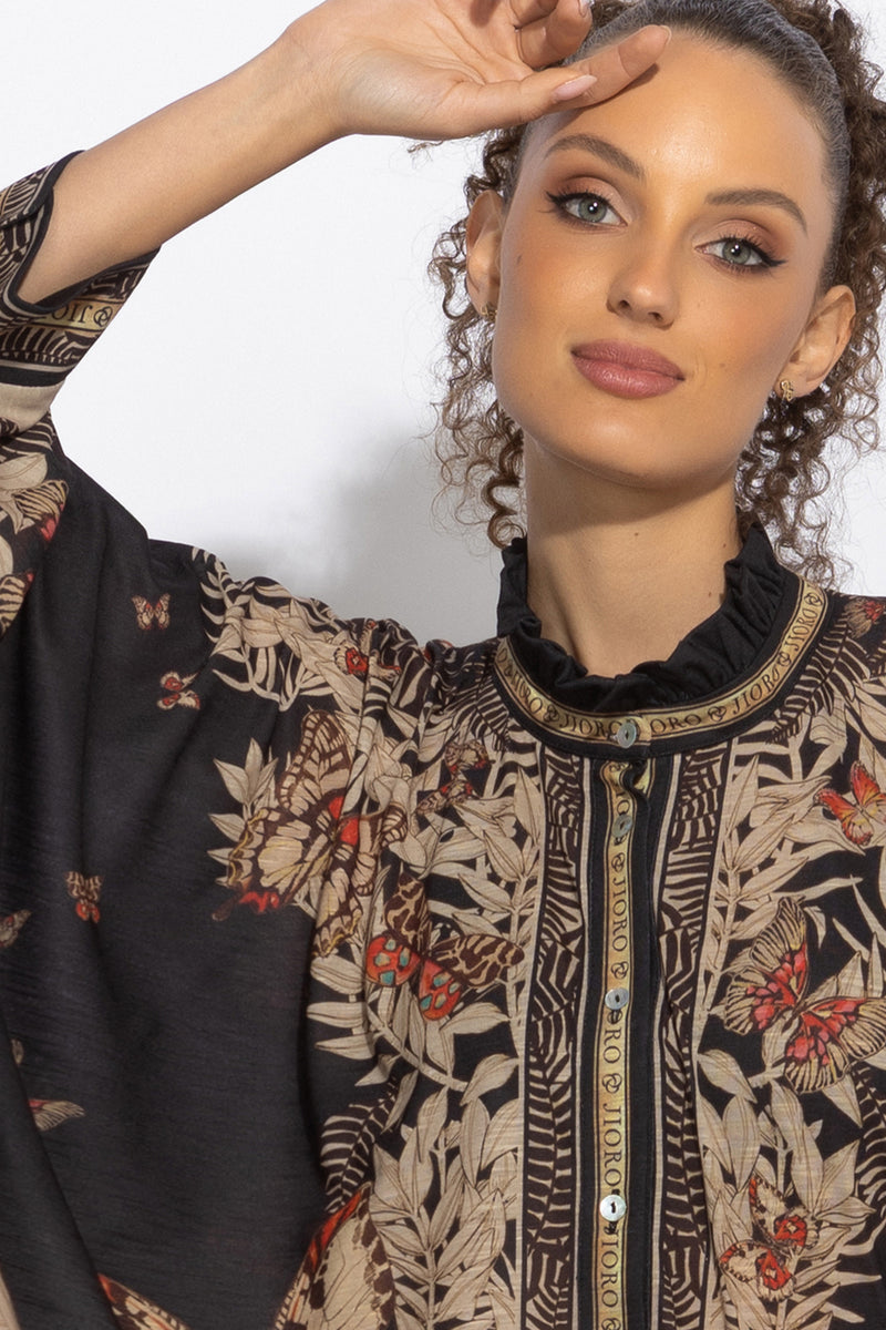 SQUARE TUNIC WITH RUFFLED COLLAR - MIDNIGHT BUTTERFLIES JIORO ПРАВОЪГЪЛНА ТУНИКА С ЯКА С НАБОРИ - MIDNIGHT BUTTERFLIES JIORO