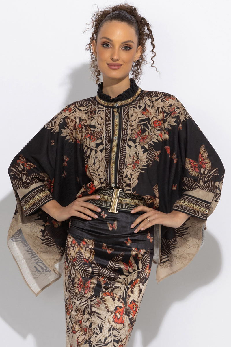 SQUARE TUNIC WITH RUFFLED COLLAR - MIDNIGHT BUTTERFLIES JIORO ПРАВОЪГЪЛНА ТУНИКА С ЯКА С НАБОРИ - MIDNIGHT BUTTERFLIES JIORO