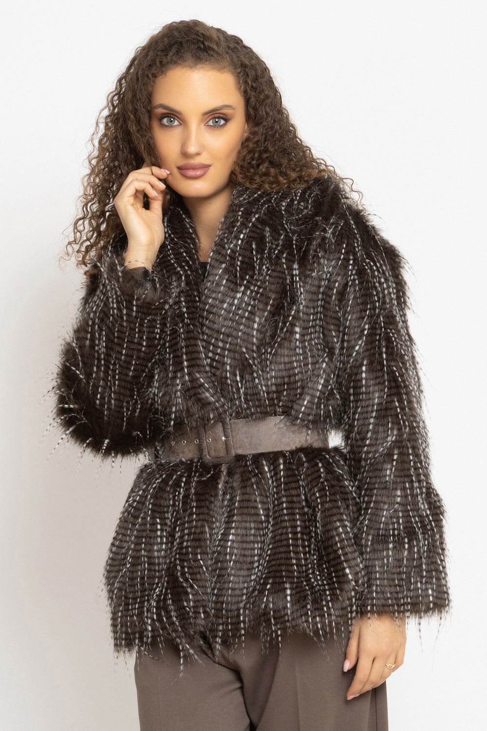 OVERSIZED PHEASANT PATTERN FAUX FUR COAT WITH BELT - ESSENTIALS JIORO ОВЪРСАЙЗ ПАЛТО ОТ ИЗКУСТВЕН КОСЪМ С ШАРКА ФАЗАН С ГОЛЯМА ШАЛ-ЯКА - ESSENTIALS JIORO