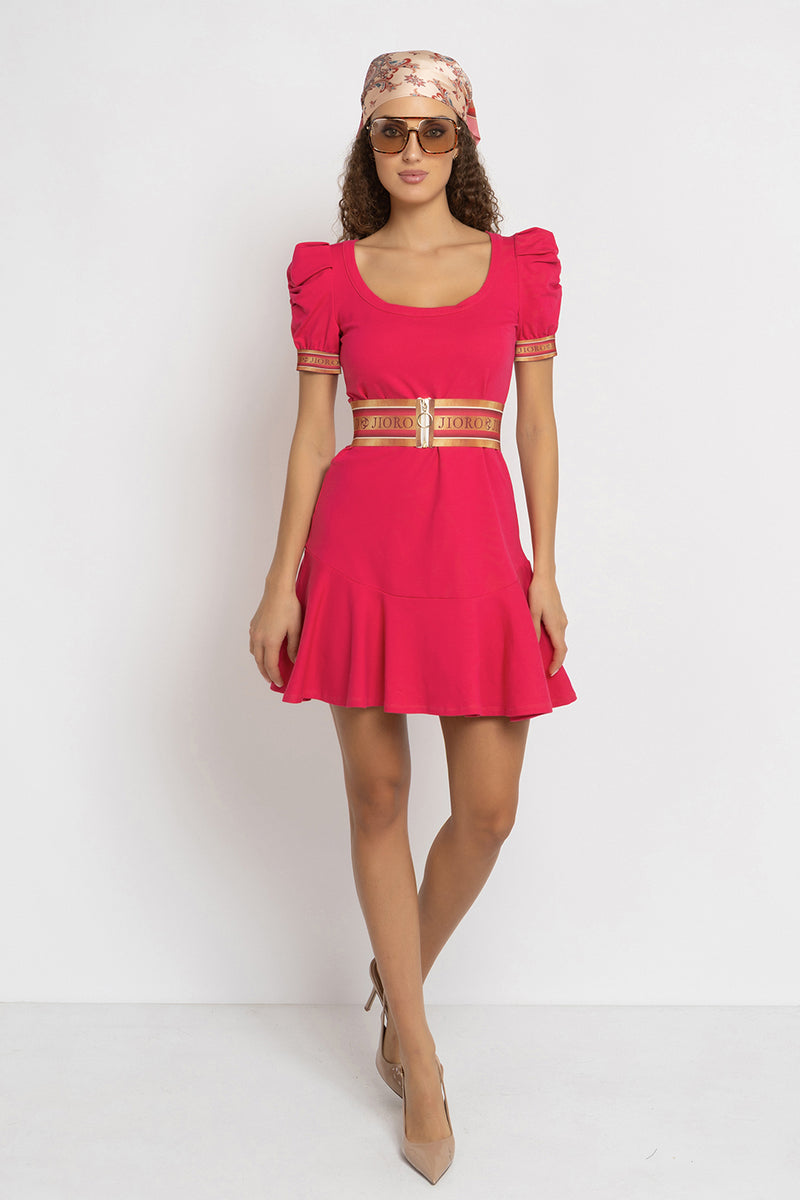 FUCHSIA COTTON DRESS WITH PUFF SLEEVES  - ESSENTIALS JIORO РОКЛЯ ОТ ПАМУЧНА ВАТА С БУФАН РЪКАВИ В ЦВЯТ ФУКСИЯ - ESSENTIALS JIORO