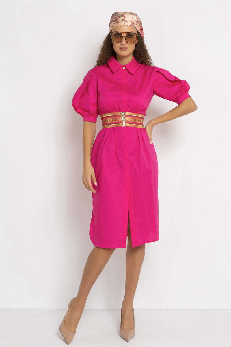 CYCLAMEN SHIRT COTTON POPLIN DRESS WITH OVAL HEM - ESSENTIALS JIORO РОКЛЯ ТИП РИЗА ОТ ПАМУЧЕН ПОПЛИН В ЦВЯТ ЦИКЛАМА С ОВАЛЕН ПОДГЪВ - ESSENTIALS JIORO