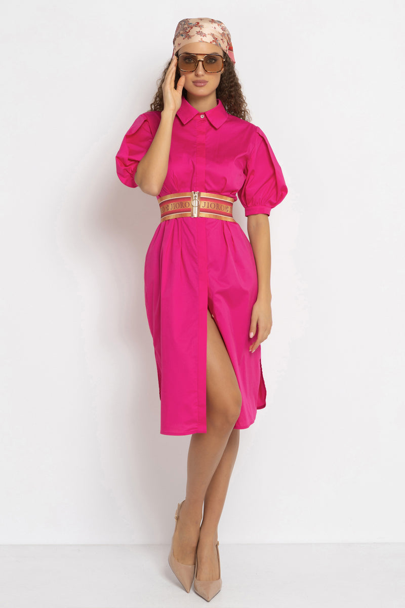 CYCLAMEN SHIRT COTTON POPLIN DRESS WITH OVAL HEM - ESSENTIALS JIORO РОКЛЯ ТИП РИЗА ОТ ПАМУЧЕН ПОПЛИН В ЦВЯТ ЦИКЛАМА С ОВАЛЕН ПОДГЪВ - ESSENTIALS JIORO