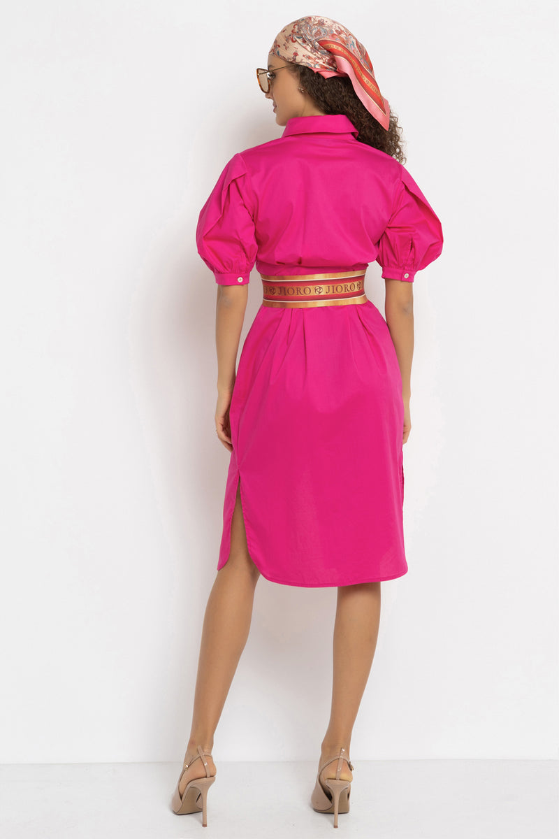 CYCLAMEN SHIRT COTTON POPLIN DRESS WITH OVAL HEM - ESSENTIALS JIORO РОКЛЯ ТИП РИЗА ОТ ПАМУЧЕН ПОПЛИН В ЦВЯТ ЦИКЛАМА С ОВАЛЕН ПОДГЪВ - ESSENTIALS JIORO