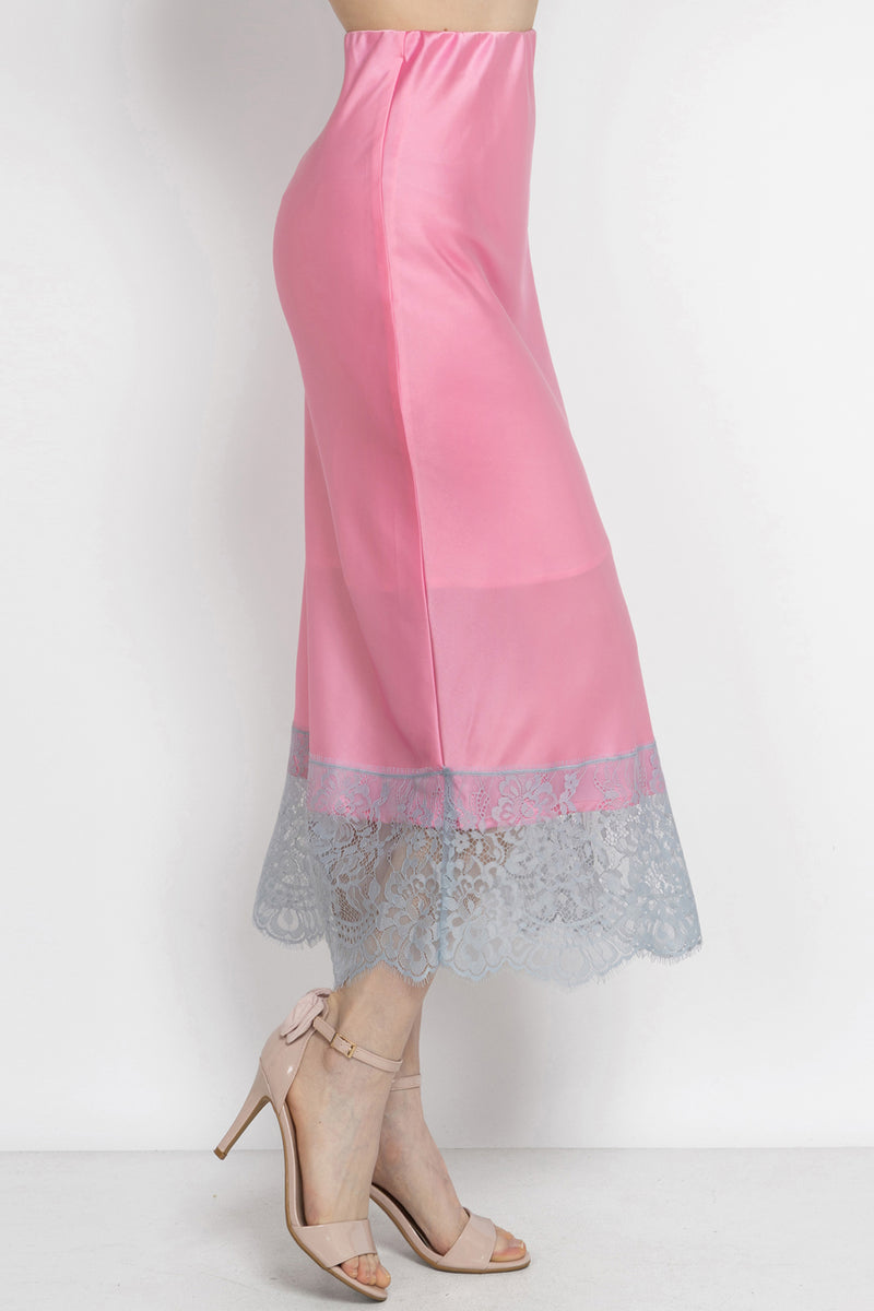 FLARED PINK SKIRT WITH LACE TRIM IN WHITE BLUE - ESSENTIALS
