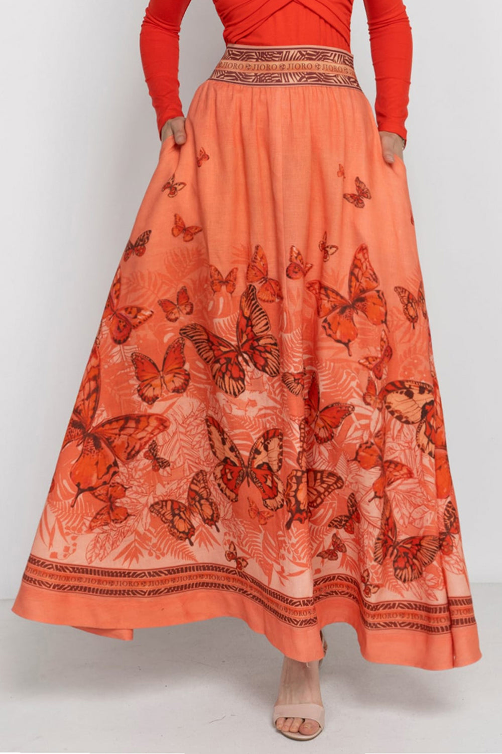 LONG LINEN SKIRT WITH ELASTIC WAIST AND SIDE POCKETS - PAPAYA BUTTERFLIES