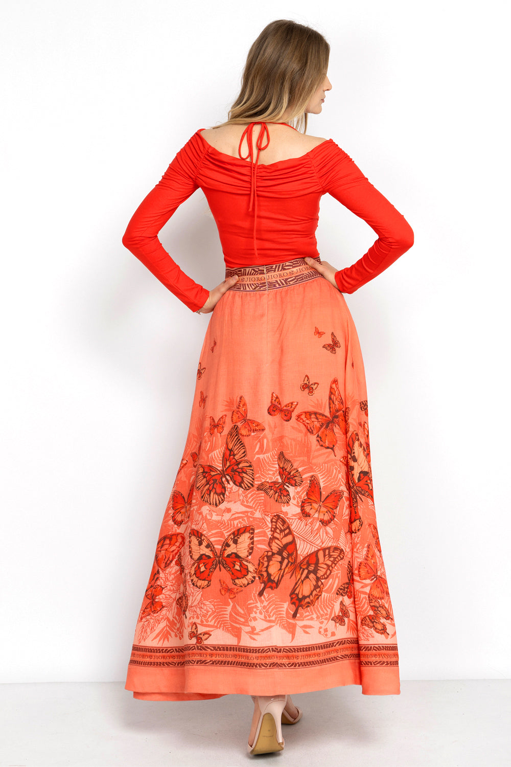 LONG LINEN SKIRT WITH ELASTIC WAIST AND SIDE POCKETS - PAPAYA BUTTERFLIES