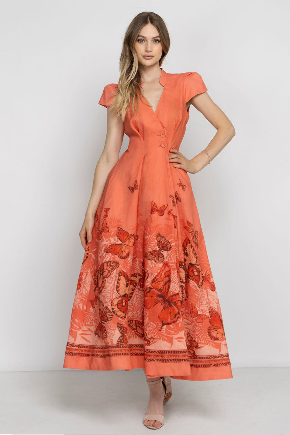 LONG FLARED LINEN DRESS - PAPAYA BUTTERFLIES