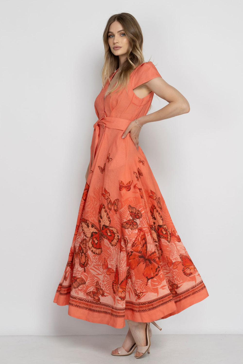 LONG FLARED LINEN DRESS - PAPAYA BUTTERFLIES