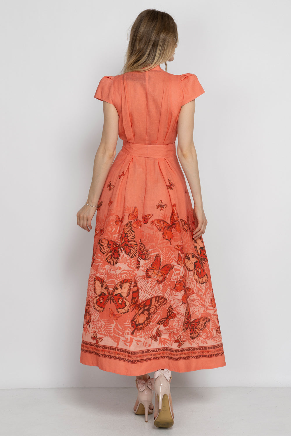 LONG FLARED LINEN DRESS - PAPAYA BUTTERFLIES