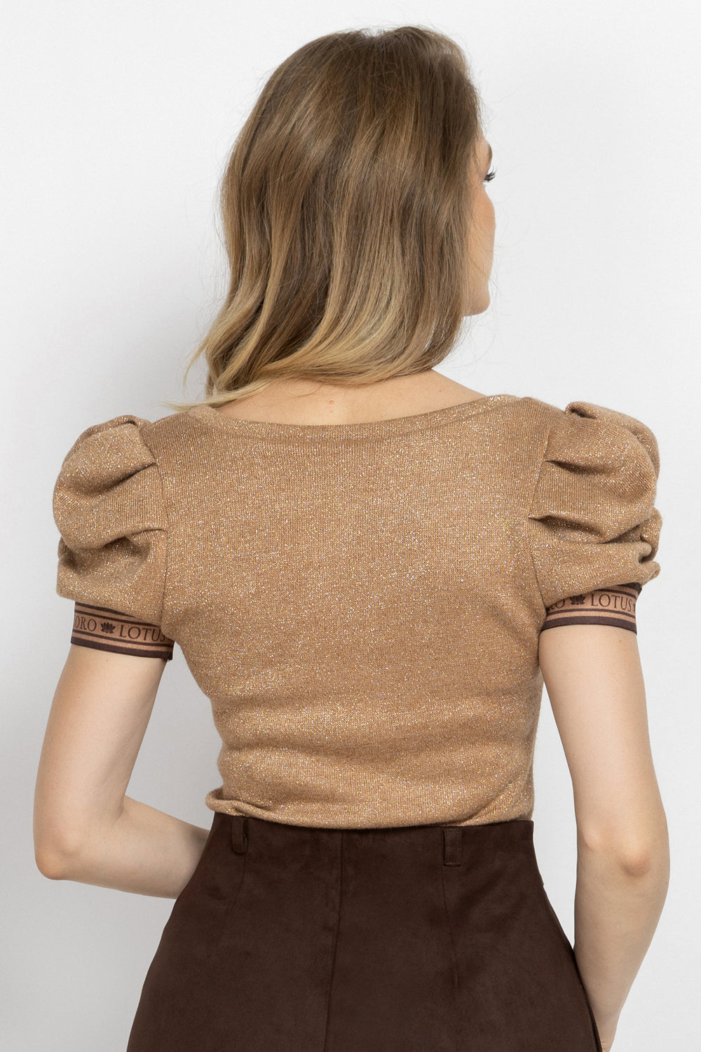 GOLD LUREX V-NECK TOP WITH PUFF SLEEVES - ESSENTIALS
