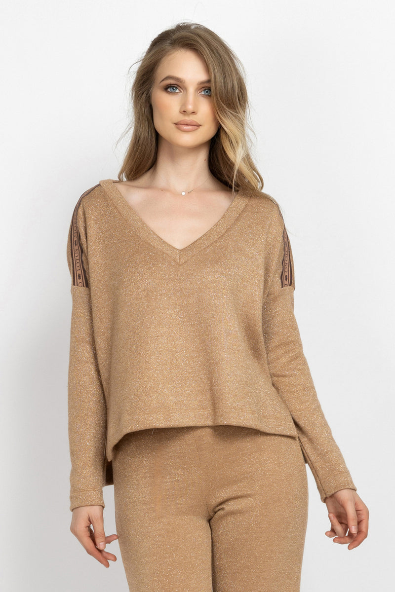 GOLD LUREX V-NECK TOP - ESSENTIALS JIORO СВОБОДЕН ТОП ОТ ЗЛАТИСТ ЛУРЕКС С V-ДЕКОЛТЕ - ESSENTIALS JIORO