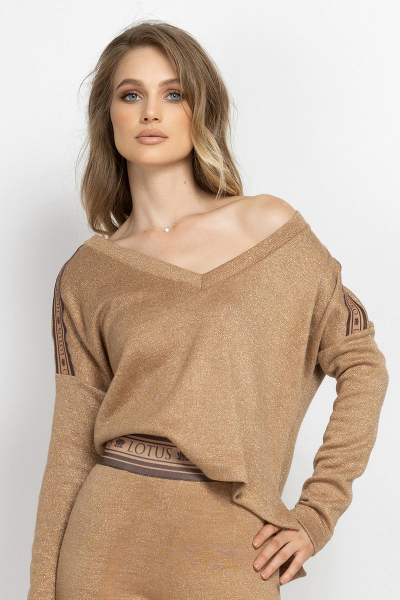 GOLD LUREX V-NECK TOP - ESSENTIALS JIORO СВОБОДЕН ТОП ОТ ЗЛАТИСТ ЛУРЕКС С V-ДЕКОЛТЕ - ESSENTIALS JIORO